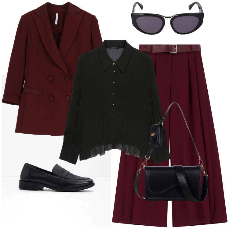 Outfit donna - Look borgogna. Stile Glamour per Ufficio. Abbinamento con mocassini, pochette, pantaloni a palazzo, blazer, occhiali da sole, camicie.