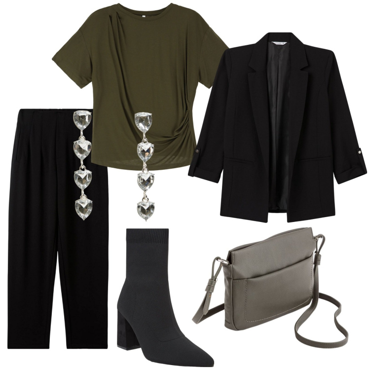 Outfit donna - Total look #2095526. Stile Chic per Ufficio. Abbinamento con blazer, orecchini, stivaletti, pantaloni chino, t-shirt, borse a tracolla.