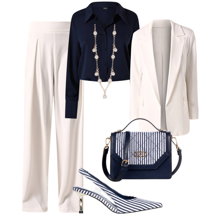 Outfit donna - Bianco, blu e dettagli righe. Stile Chic per Serata fuori. Abbinamento con borse a mano, pantaloni a palazzo, blazer, camicie, décolleté, collane.