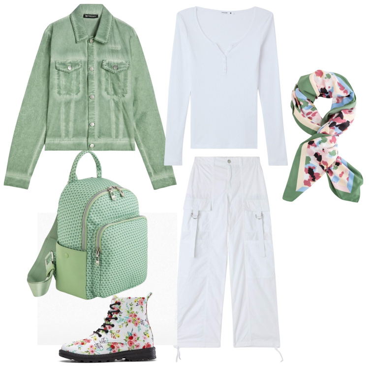 Outfit donna - sportivo primavera. Stile Trendy per Sport. look ideale per Tall. Abbinamento con stivaletti, pantaloni cargo, t-shirt, blazer, zaini, foulard.