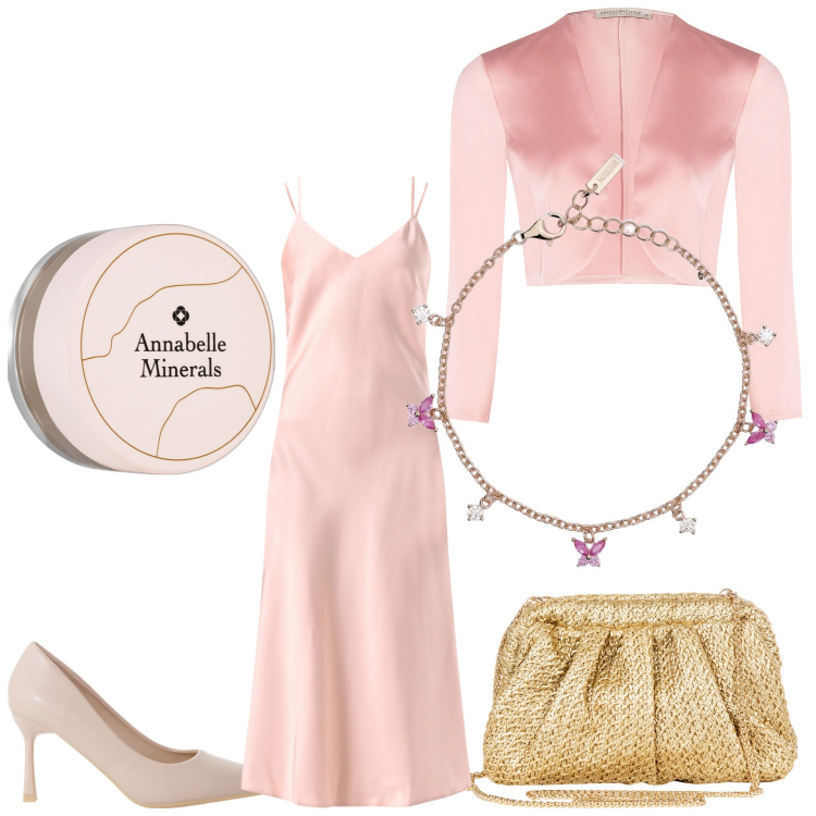 Outfit donna - Cipria. Stile Chic per Cerimonia. Abbinamento con ombretti, braccialetti, vestiti lunghi, bolero, clutch, décolleté.