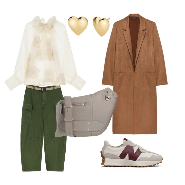 Outfit donna - Trench. Stile Casual per Tutti i giorni. Abbinamento con borse a tracolla, orecchini, sneakers, pantaloni chino, bluse, trench.