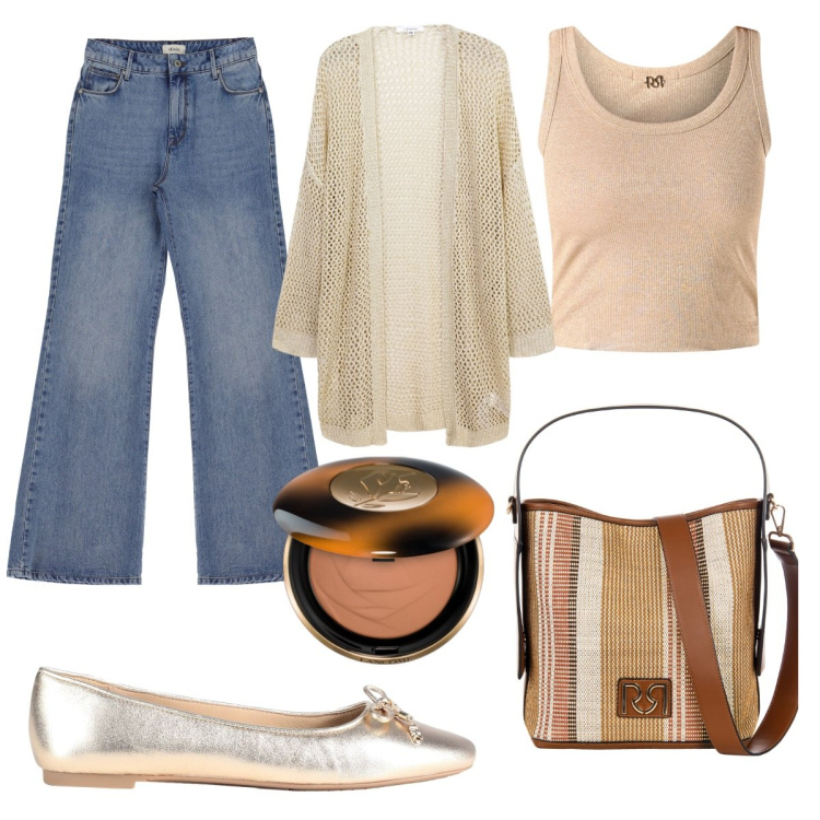 Outfit donna - Wide-leg e ballerine oro. Stile Casual chic per Tutti i giorni. Abbinamento con ballerine, terre, kimono, borse a secchiello, canottiere, jeans.