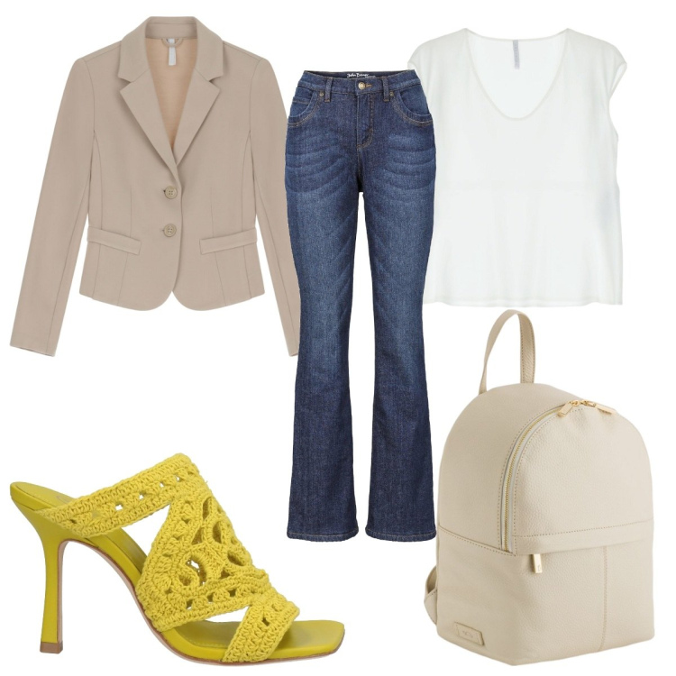 Outfit donna - Total look #2095569. Stile Trendy per Tutti i giorni. Abbinamento con jeans bootcut, sandali in pelle, blazer, top, zaini.