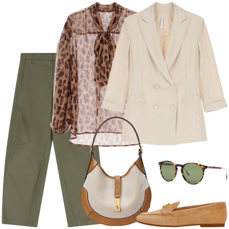 Outfit donna - Giungla cittadina. Stile Casual per Ufficio. Abbinamento con blazer, camicie, pantaloni, occhiali da sole, mocassini, borse a spalla.