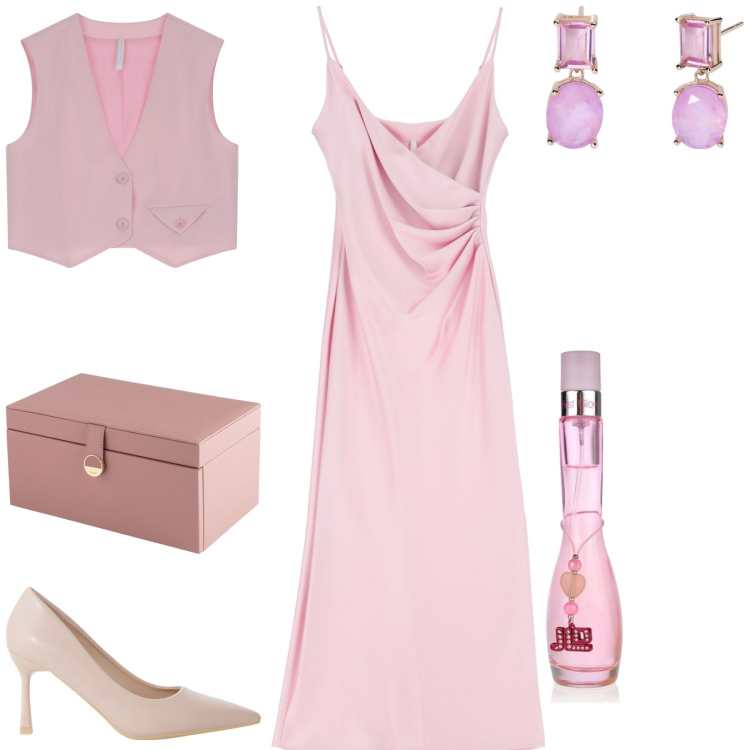 Outfit donna - Pink wedding. Stile Chic per Cerimonia. Abbinamento con profumi, orecchini, vestiti midi/longuette, décolleté, gilet, valigie.