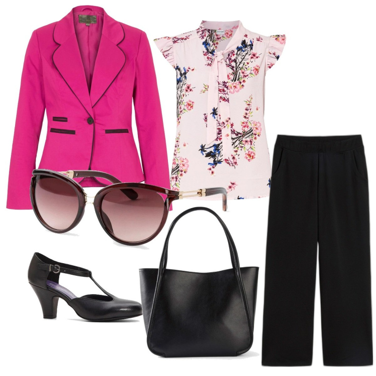 Outfit donna - Blazer fucsia. Stile Chic per Serata fuori. Abbinamento con bluse, pantaloni a palazzo, occhiali da sole, shopping bag, blazer, décolleté.