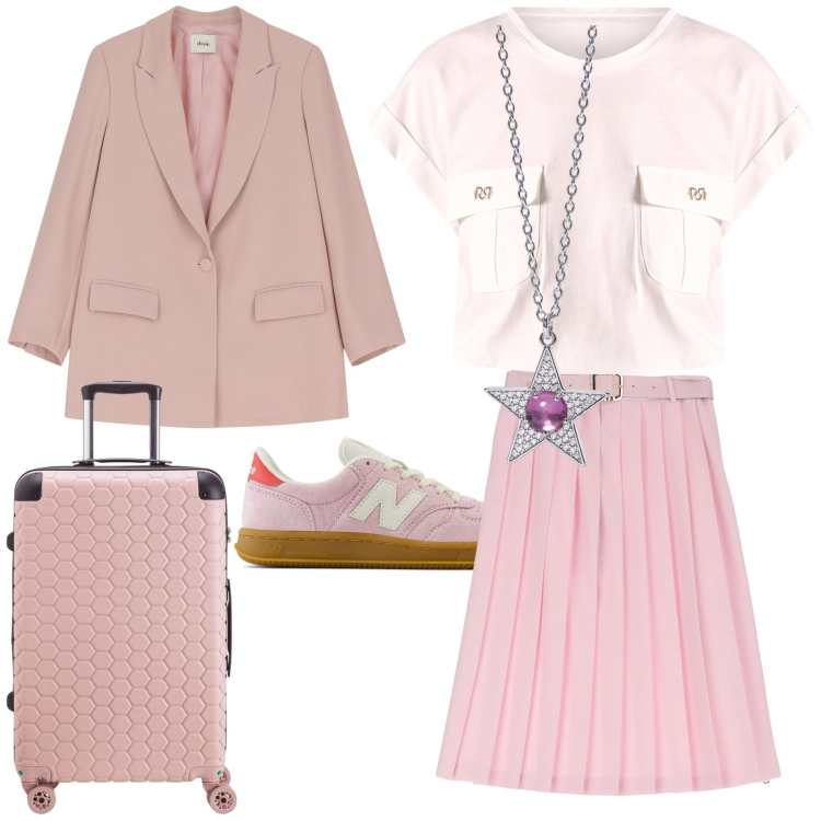 Outfit donna - Viaggio rosa. Stile Bon Ton per Tutti i giorni. Abbinamento con gonne longuette, blazer, ciondoli, sneakers, t-shirt, valigie.