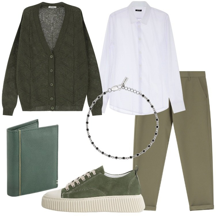 Outfit uomo - Il cardigan con la camicia. Stile Trendy per Ufficio. Abbinamento con braccialetti, pantaloni chino, sneakers, cardigans, camicie, portafogli.