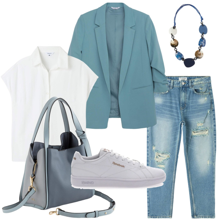 Outfit donna - Lo stile casual chic per la primavera. Stile Casual chic per Ufficio. Abbinamento con camicie, jeans mom, blazer, sneakers, borse a mano, collane.