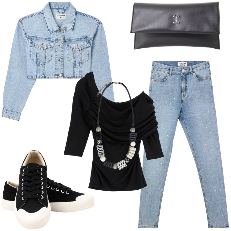 Outfit donna - In jeans - @pamela. Stile Basic per Serata fuori. Abbinamento con blazer, jeans skinny, top, pochette, sneakers, collane.