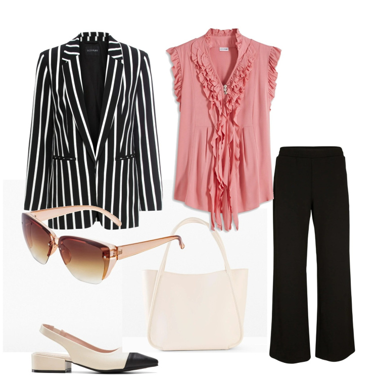 Outfit donna - Blazer a righe. Stile Casual chic per Serata fuori. Abbinamento con blazer, décolleté, occhiali da sole, maglieria, pantaloni a palazzo, shopping bag.
