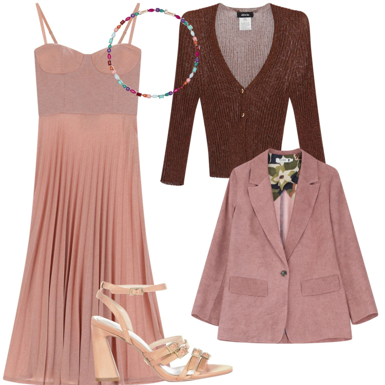 Outfit donna - Una serata in rosa. Stile Romantica per Serata fuori. Abbinamento con collane, sandali col tacco, vestiti midi/longuette, blazer, cardigans.