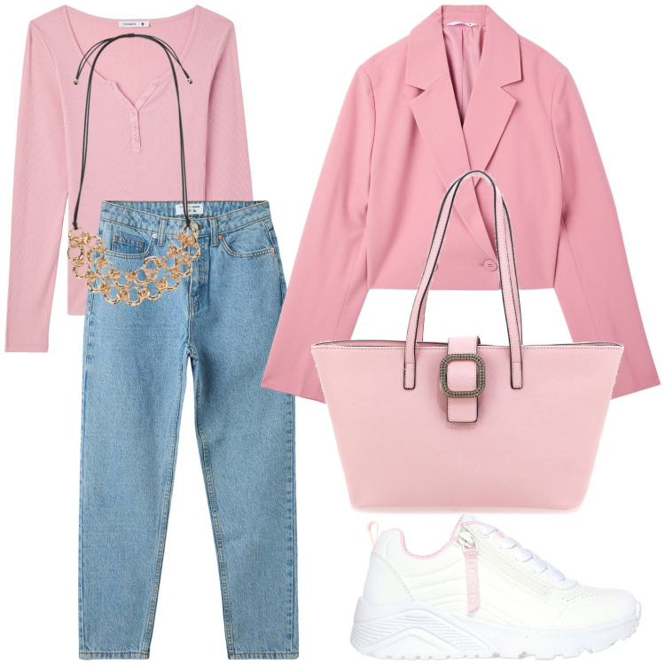 Outfit donna - Lo stile casual chic per la primavera. Stile Casual chic per Ufficio. Abbinamento con jeans mom, blazer, t-shirt, collane, sneakers, borse a spalla.