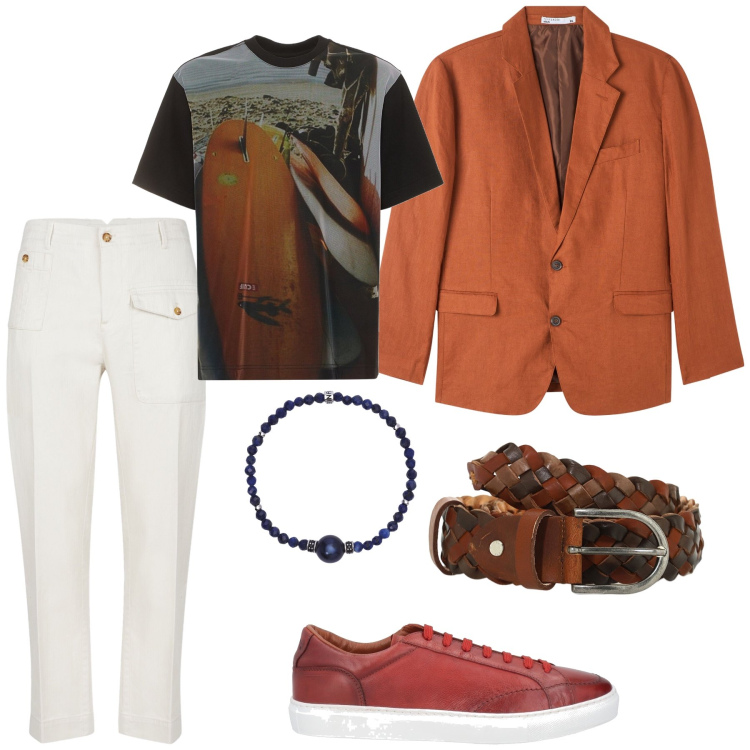 Outfit uomo - Giornata in ufficio. Stile Urban per Ufficio. Abbinamento con sneakers, giacche, braccialetti, cinture, t-shirt, pantaloni.