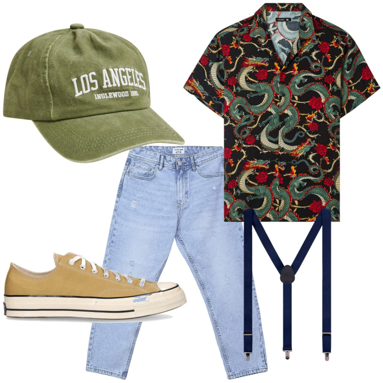 Outfit uomo - Influenze bohemien nell\'abbigliamento. Stile Urban per Tutti i giorni. Abbinamento con camicie a manica corta, cappelli, jeans strappati, bretelle, sneakers.