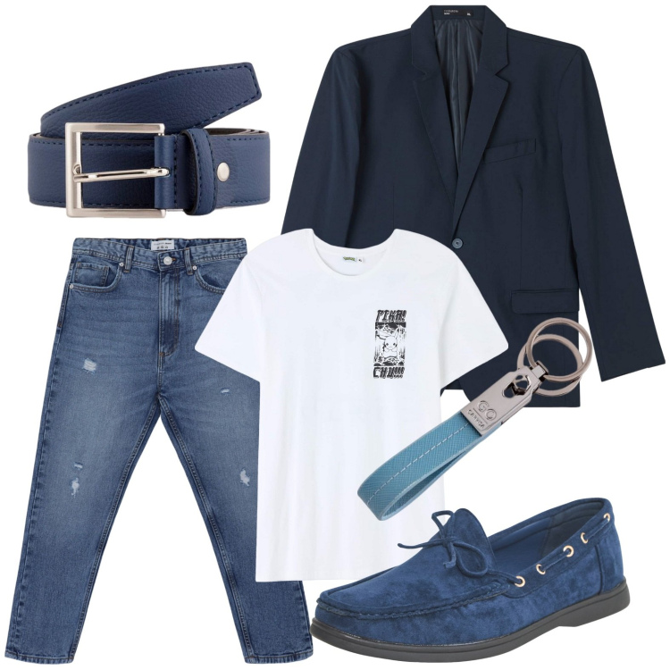 Outfit uomo - Gli accessori che fanno la differenza. Stile Urban per Tutti i giorni. Abbinamento con t-shirt, scarpe stringate, jeans strappati, giacche, cinture, portachiavi.