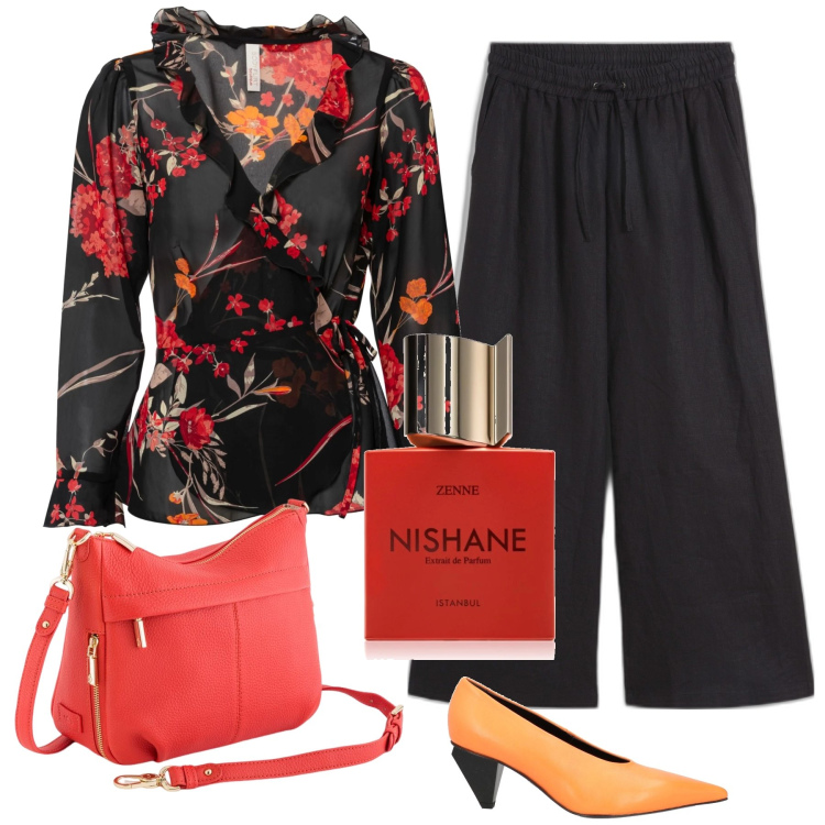 Outfit donna - Nishane. Stile Bon Ton per Tutti i giorni. Abbinamento con bluse, pantaloni a palazzo, décolleté, profumi, borse a tracolla.