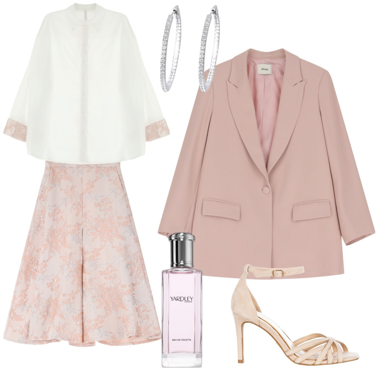 Outfit donna - Al mio compleanno. Stile Bon Ton per Serata fuori. Abbinamento con profumi, orecchini, sandali col tacco, camicie, gonne, blazer.