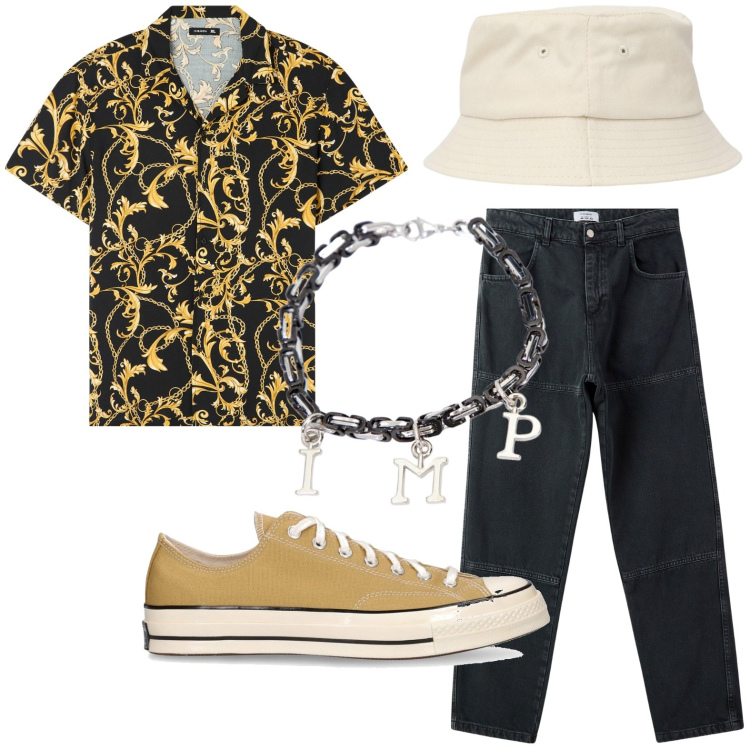 Outfit uomo - Influenze bohemien nell\'abbigliamento. Stile Trendy per Tutti i giorni. Abbinamento con camicie a manica corta, cappelli, pantaloni, braccialetti, sneakers.