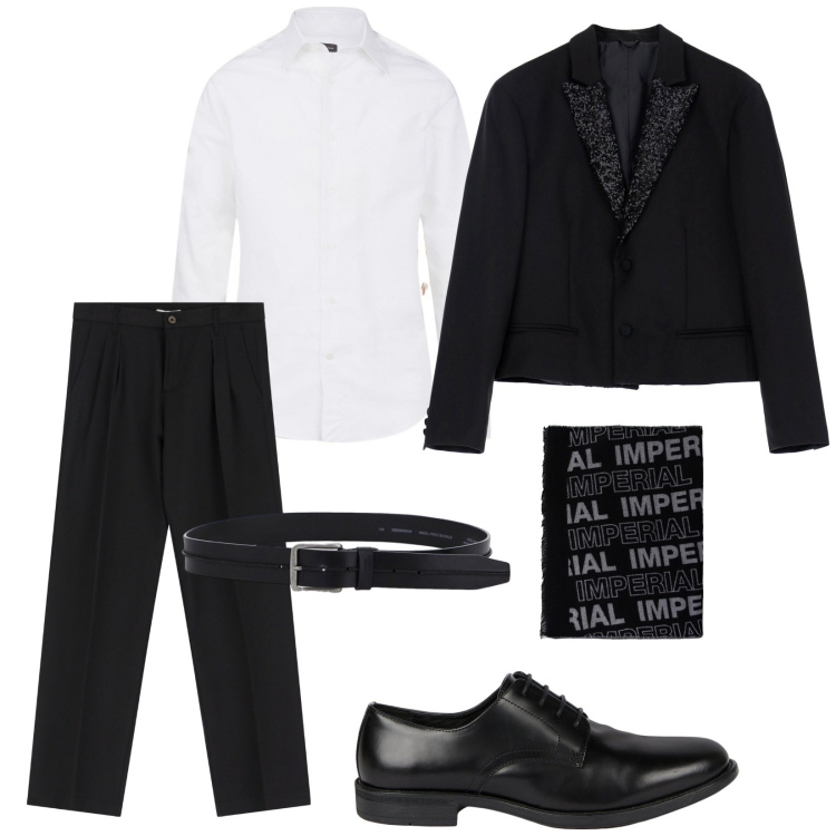 Outfit uomo - Total look #2095608. Stile Business/Elegante per Cerimonia. Abbinamento con sciarpe, giacche, cinture, pantaloni, camicie, scarpe stringate.