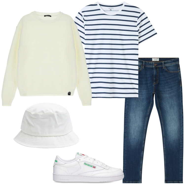 Outfit uomo - Passeggiata al mare. Stile Casual per Tutti i giorni. Abbinamento con t-shirt, jeans skinny, cappelli, maglieria, sneakers.