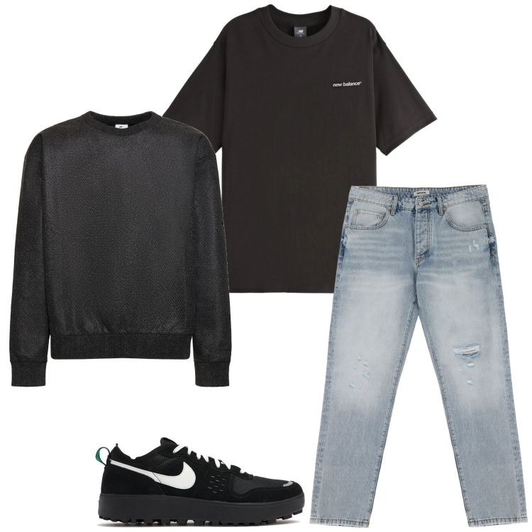 Outfit uomo - Total look #2095614. Stile Casual per Tutti i giorni. Abbinamento con t-shirt, jeans strappati, felpe, sneakers.