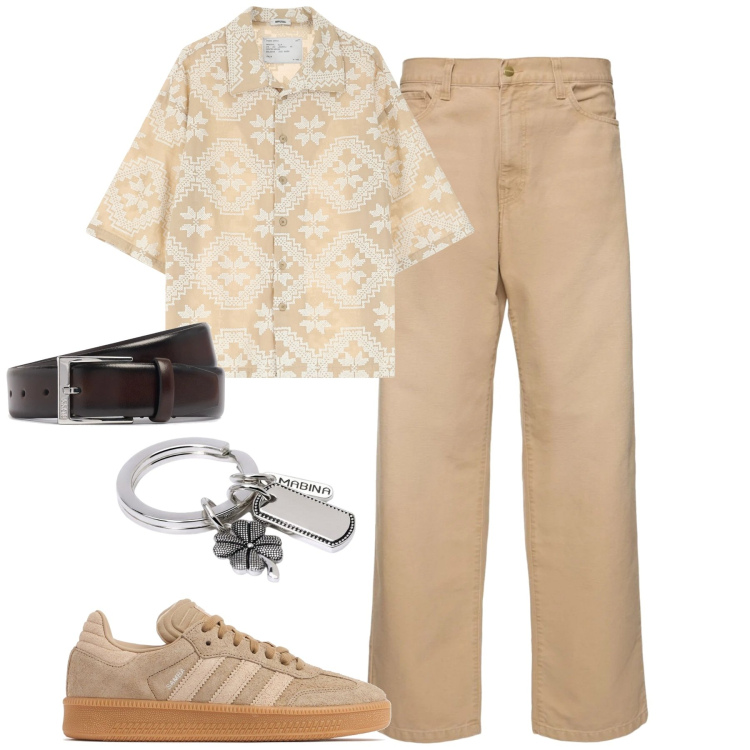 Outfit uomo - La camicia fantasia. Stile Casual per Tutti i giorni. Abbinamento con portachiavi, camicie a manica corta, cinture, pantaloni, sneakers.