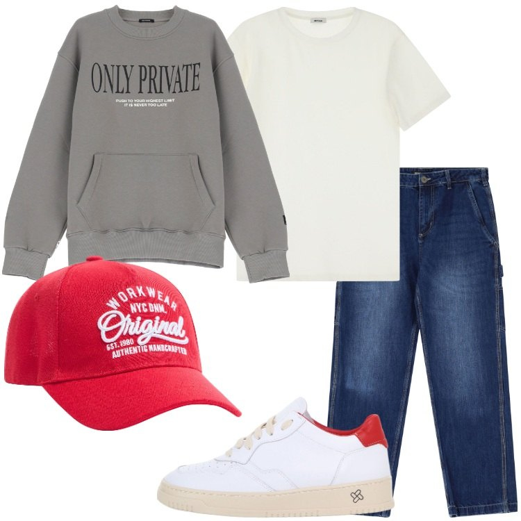 Outfit uomo - Casual ad aprile. Stile Casual per Tutti i giorni. Abbinamento con cappelli, felpe, sneakers, jeans dritti, t-shirt.