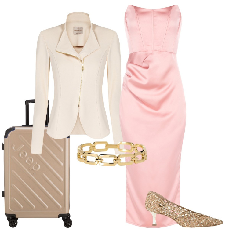 Outfit donna - In viaggio verso la cerimonia. Stile Chic per Cerimonia. Abbinamento con décolleté, braccialetti, vestiti midi/longuette, blazer, valigie.