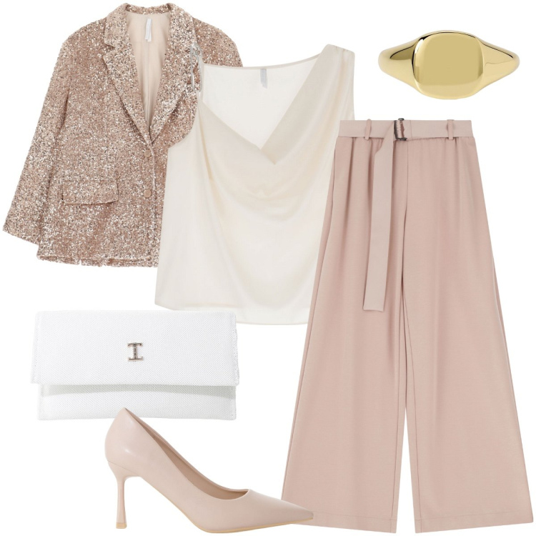 Outfit donna - Rosa pastello leggero. Stile Romantica per Cerimonia. Abbinamento con anelli, pantaloni, décolleté, borse a tracolla, blazer, top.