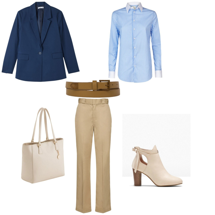 Outfit donna - Inizio settimana. Stile Bon Ton per Tutti i giorni. Abbinamento con stivaletti, blazer, cinture, pantaloni, camicie, shopping bag.