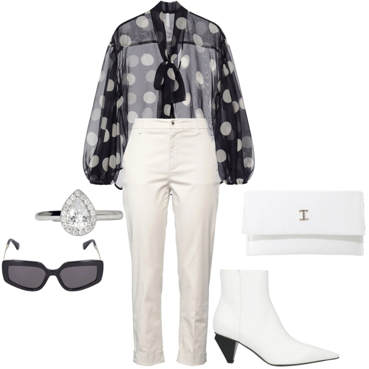 Outfit donna - Weekend. Stile Chic per Tutti i giorni. Abbinamento con stivaletti, pantaloni, anelli, bluse, borse a tracolla, occhiali da sole.