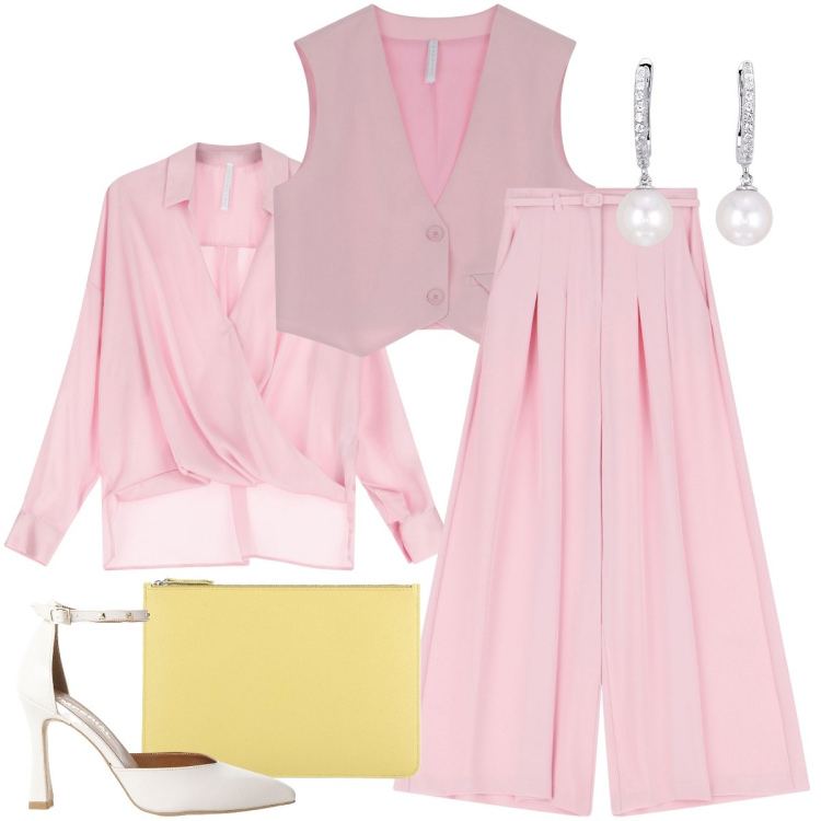 Outfit donna - Il gilet a contrasto. Stile Romantica per Cerimonia. Abbinamento con pochette, orecchini, pantaloni, bluse, décolleté, gilet.