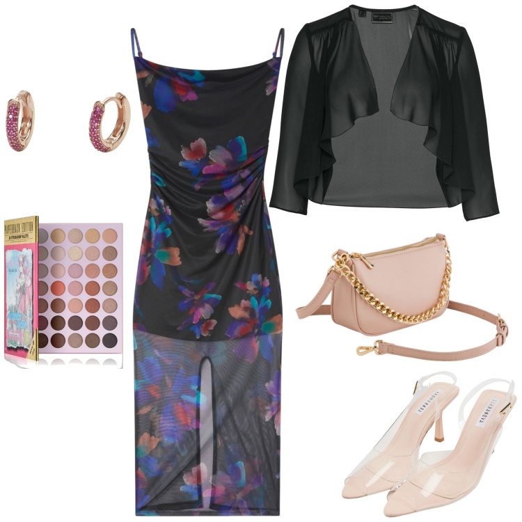 Outfit donna - Sexy trasparenze. Stile Chic per Cerimonia. Abbinamento con bolero, ombretti, vestiti lunghi, sandali col tacco, orecchini, borse a tracolla.