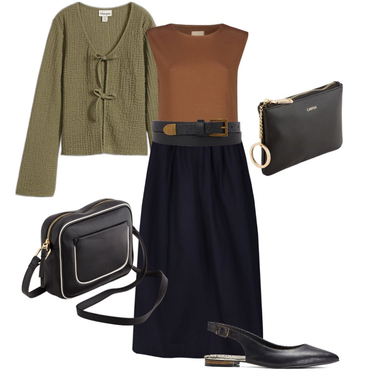 Outfit donna - L’abito quotidiano. Stile Bon Ton per Tutti i giorni. Abbinamento con bluse, ballerine, cinture, vestiti midi/longuette, portamonete, borse a tracolla.