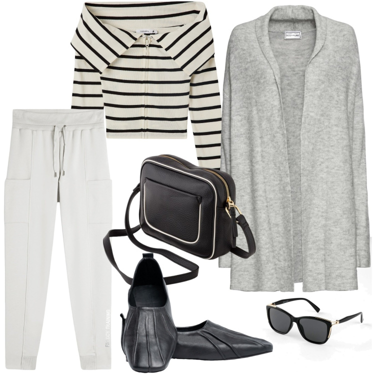 Outfit donna - Ballerine e cardigan. Stile Casual per Tutti i giorni. Abbinamento con cardigans, occhiali da sole, cardigans, pantaloni, ballerine, borse a tracolla.