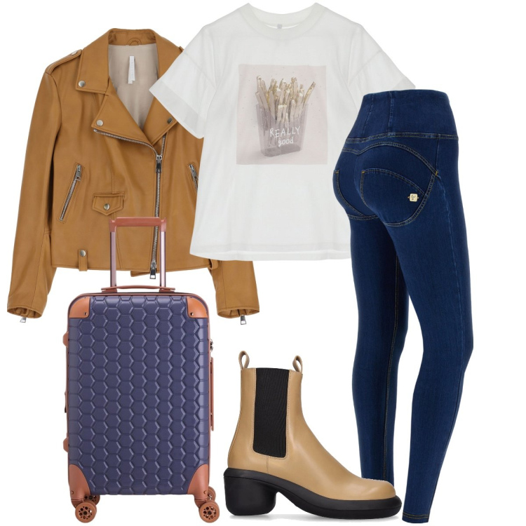 Outfit donna - Comodamente in viaggio. Stile Trendy per Tutti i giorni. Abbinamento con t-shirt, giacche, jeans skinny, stivaletti, valigie.
