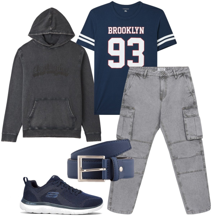 Outfit uomo - Domenica sportiva. Stile Casual per Tutti i giorni. Abbinamento con sneakers, t-shirt, felpe con cappuccio, jeans, cinture.