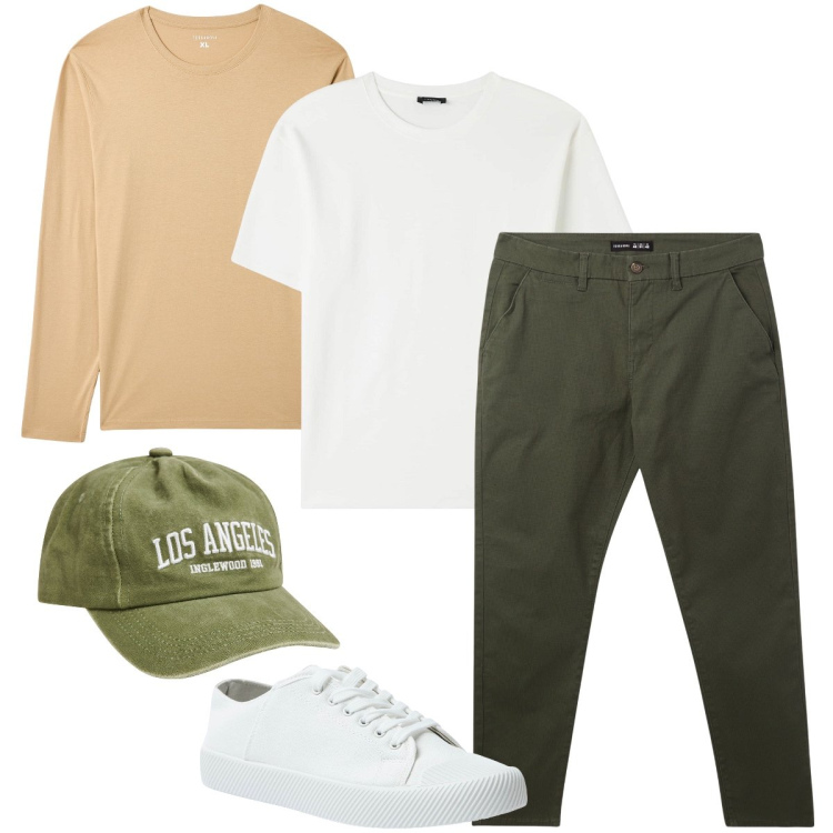 Outfit uomo - Terranova style. Stile Urban per Tutti i giorni. Abbinamento con pantaloni chino, t-shirt, sneakers, maglieria, cappelli.