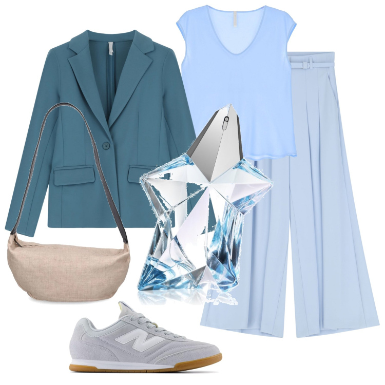 Outfit donna - Star blu. Stile Chic per Tutti i giorni. Abbinamento con profumi, sneakers, blazer, pantaloni, top, borse a spalla.