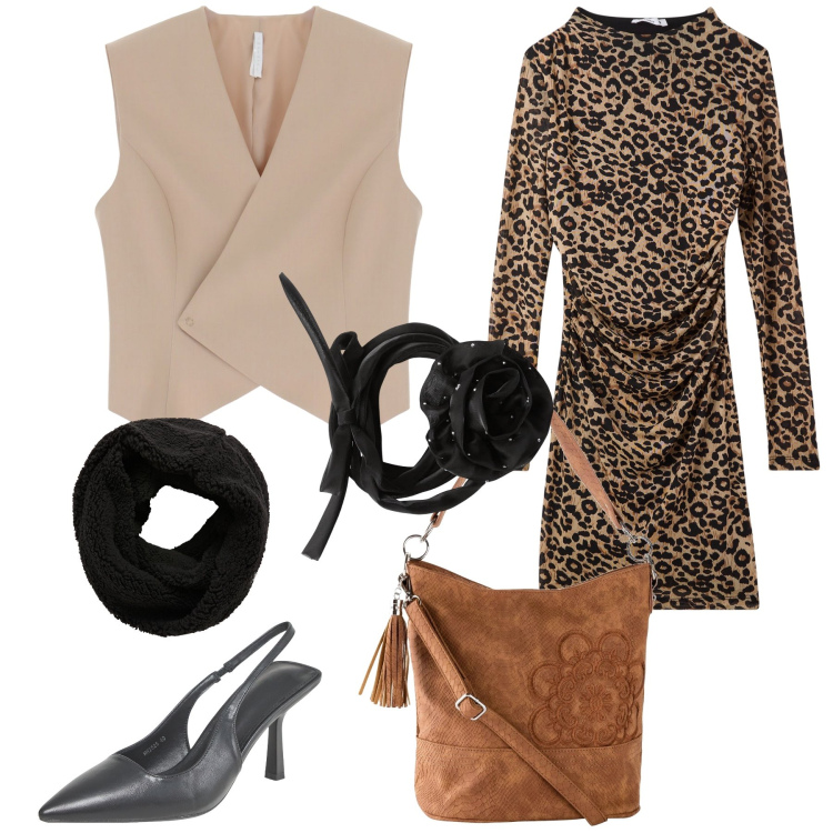 Outfit donna - It s time for animalier. Stile Glamour per Ufficio. Abbinamento con borse a mano, collane, sciarpe, décolleté, vestiti lunghi, gilet.