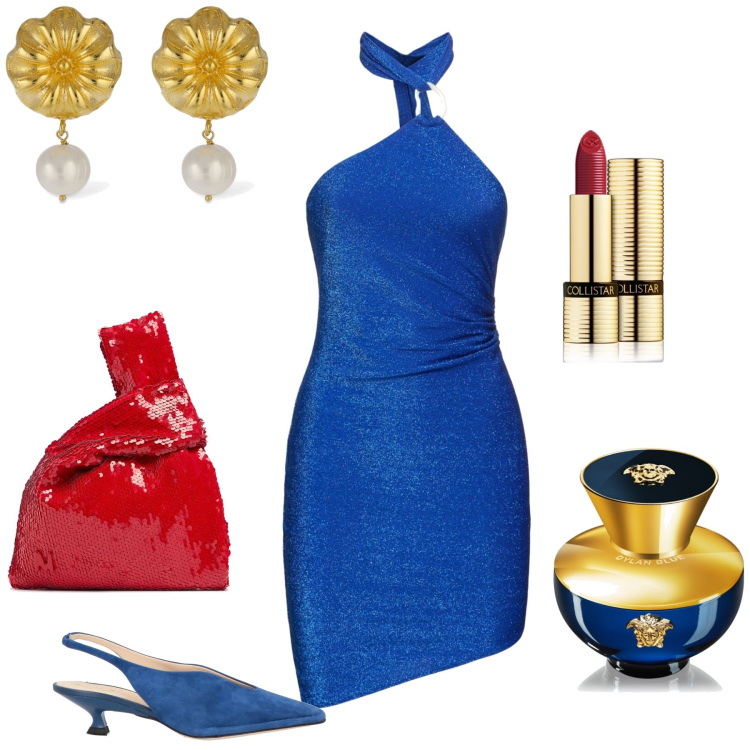 Outfit donna - Total look. Stile Glamour per Serata fuori. Abbinamento con décolleté, profumi, rossetti, orecchini, vestiti, pochette.