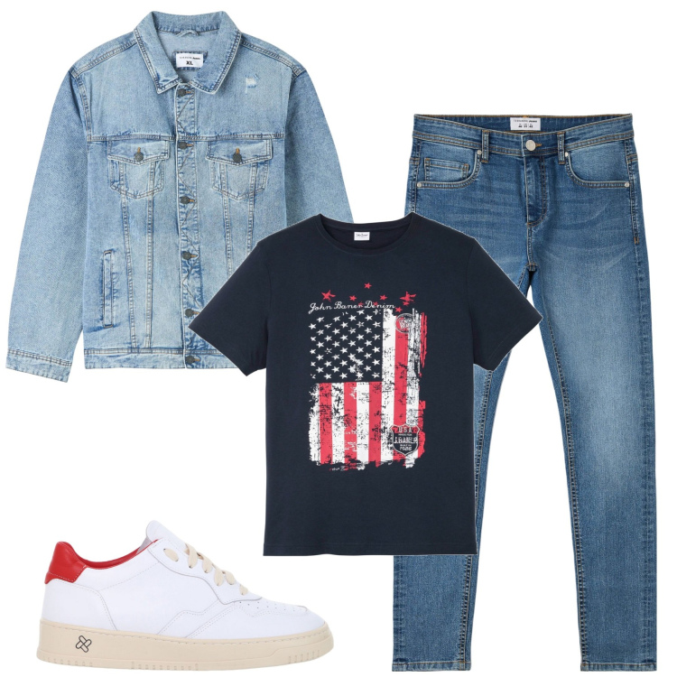 Outfit uomo - Marzo. Stile Casual per Tutti i giorni. Abbinamento con t-shirt, giacche, jeans skinny, sneakers.