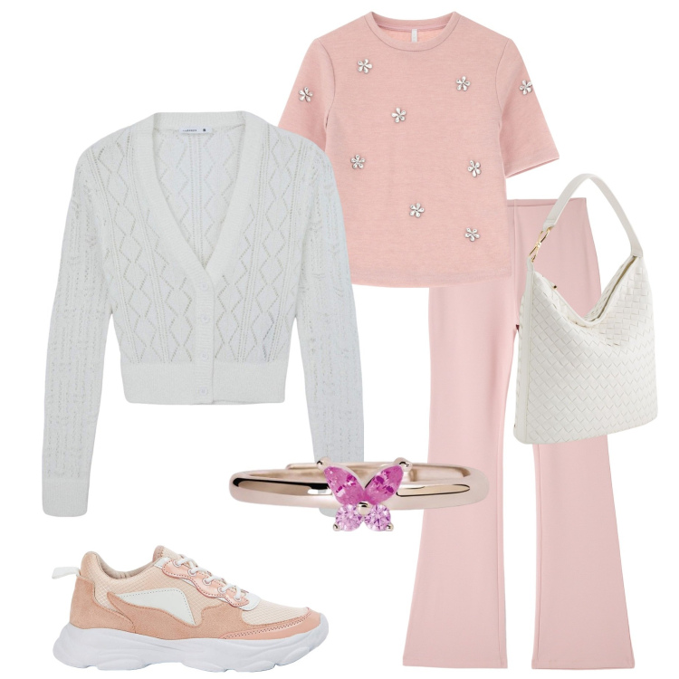 Outfit donna - Rosa pastello. Stile Casual chic per Tutti i giorni. Abbinamento con cardigans, sneakers, pantaloni, anelli, maglieria, borse a tracolla.