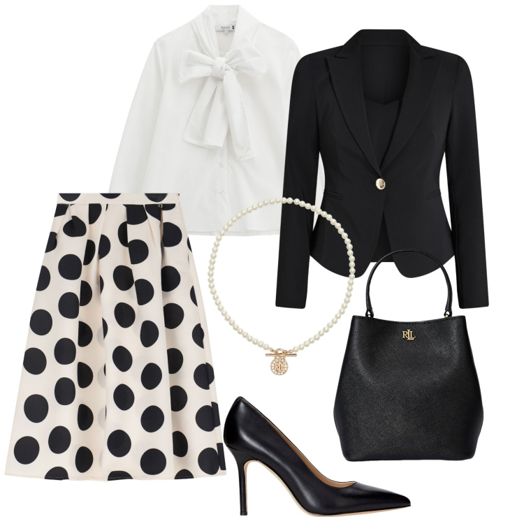 Outfit donna - La gonna a pois. Stile Vintage retrò per Serata fuori. Abbinamento con blazer, camicie, gonne longuette, ciondoli, borse a secchiello, décolleté.