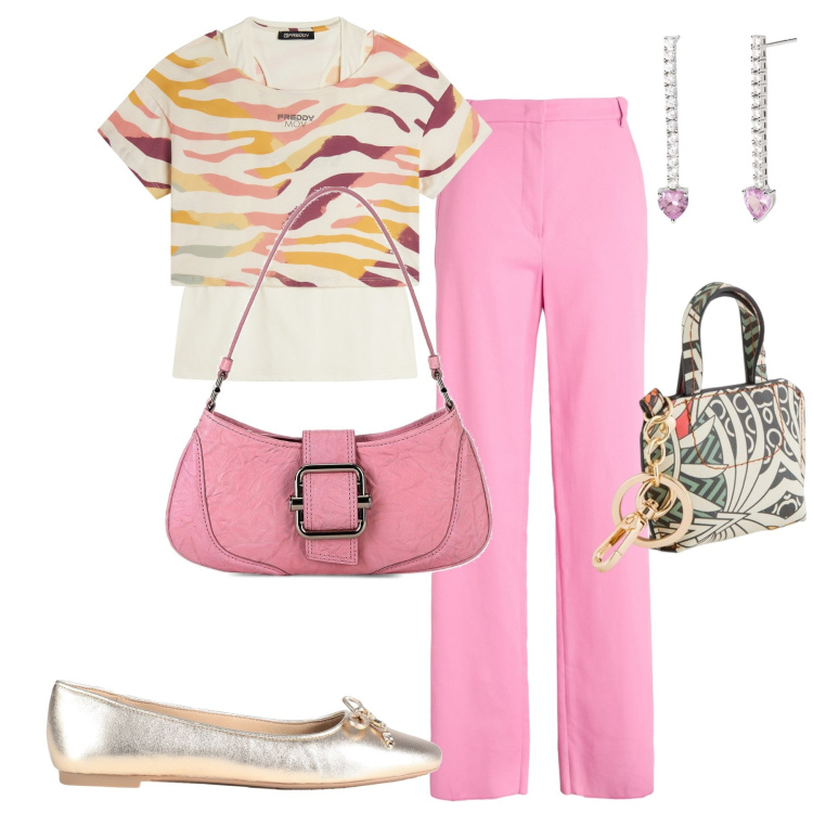 Outfit donna - City. Stile Casual chic per Tutti i giorni. Abbinamento con pantaloni, ballerine, orecchini, t-shirt, borse a spalla, portachiavi.