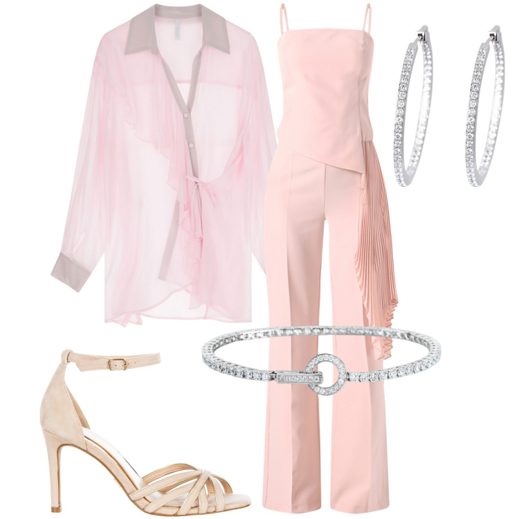 Outfit donna - Rosa pastello. Stile Chic per Cerimonia. Abbinamento con tute, sandali col tacco, braccialetti, orecchini, camicie.