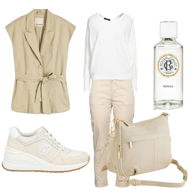 Outfit donna - Tempo Libero. Stile Casual chic per Sport. Abbinamento con pantaloni, sneakers, pullovers, gilet, profumi, borse a tracolla.