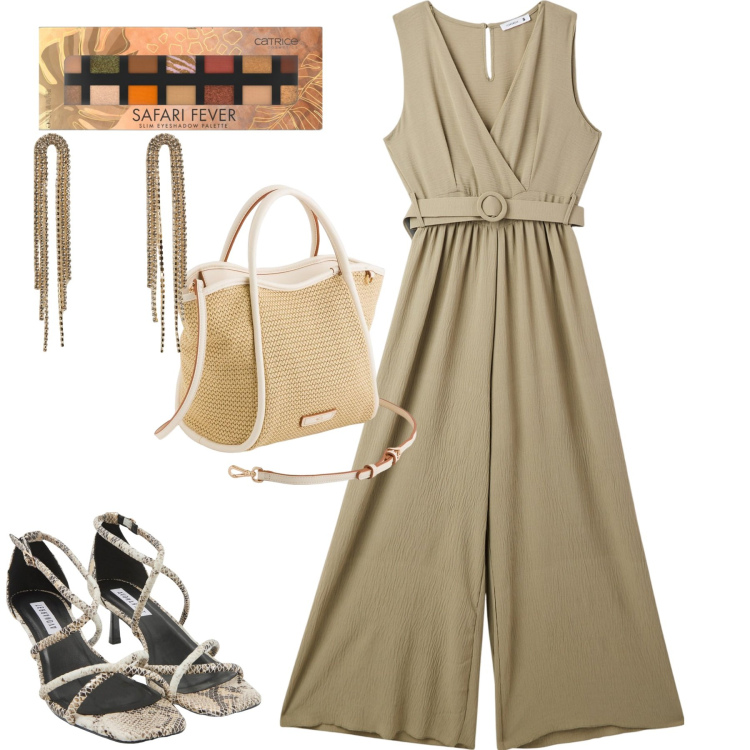 Outfit donna - La tuta kaki. Stile Urban per Tutti i giorni. Abbinamento con ombretti, tute, sandali col tacco, orecchini, borse a mano.